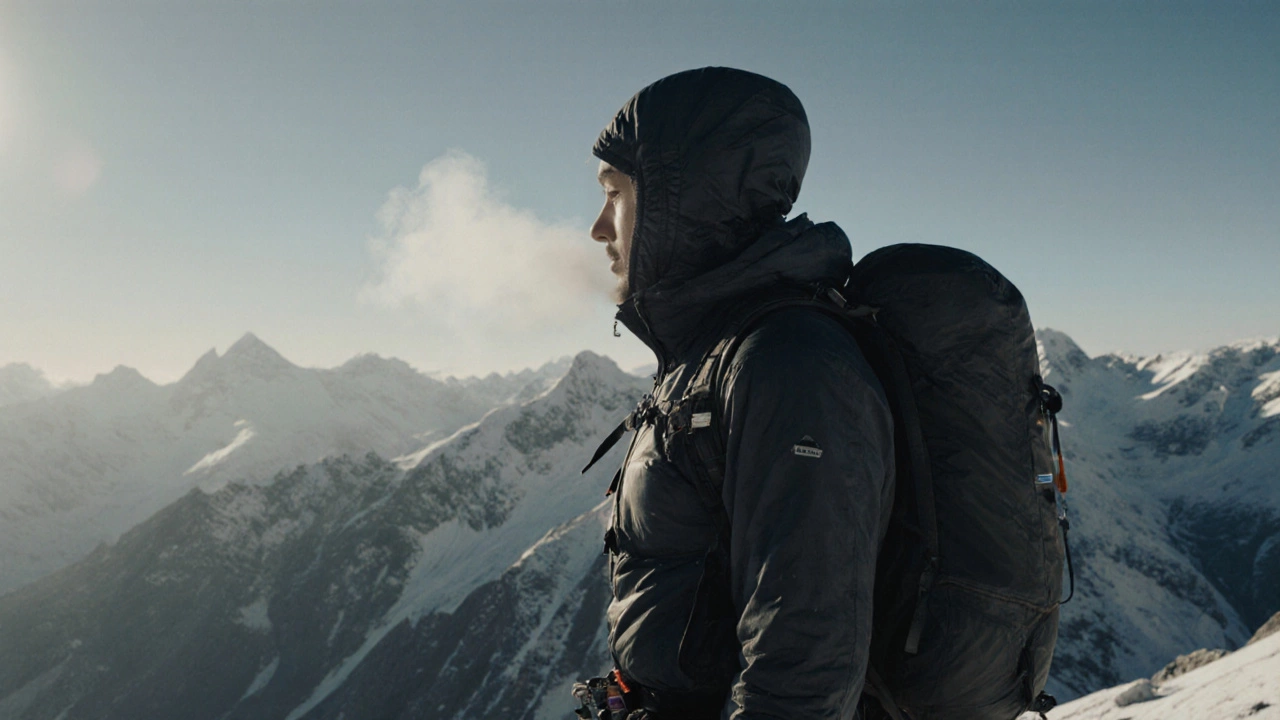 Alpine climber at high altitude with visible breath and a small oxygen tank.