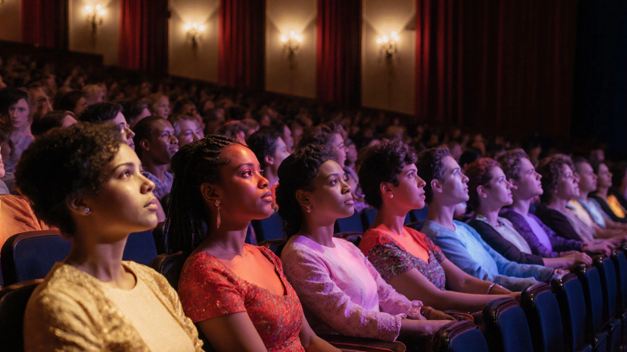Audience members illuminated by colored lights representing different show types.
