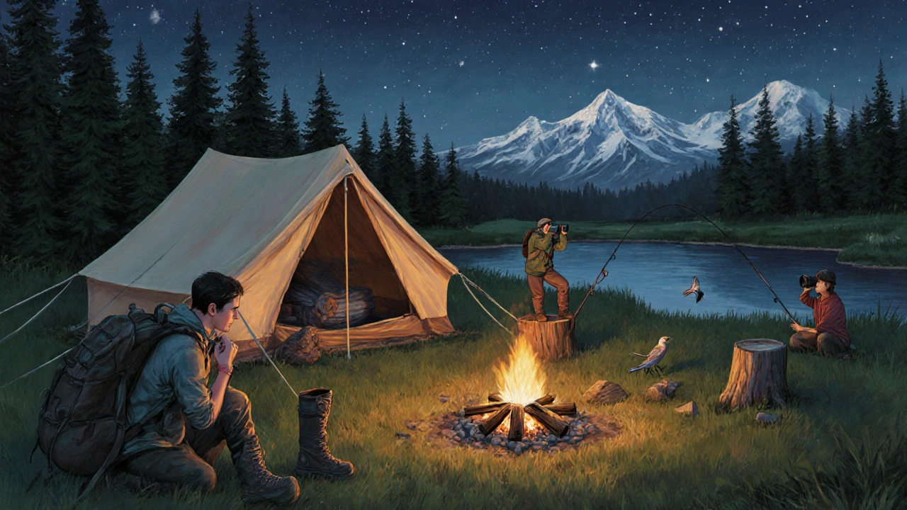 Campsite at night with hikers, birdwatcher, and fisherman near a pond.