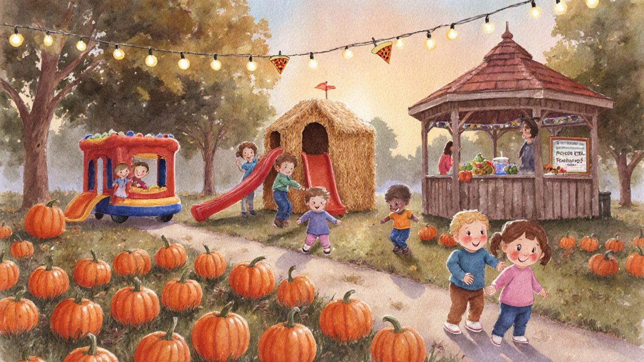 Children enjoying a pumpkin patch, bounce house, and pizza at the Richmond Kids Harvest Festival.