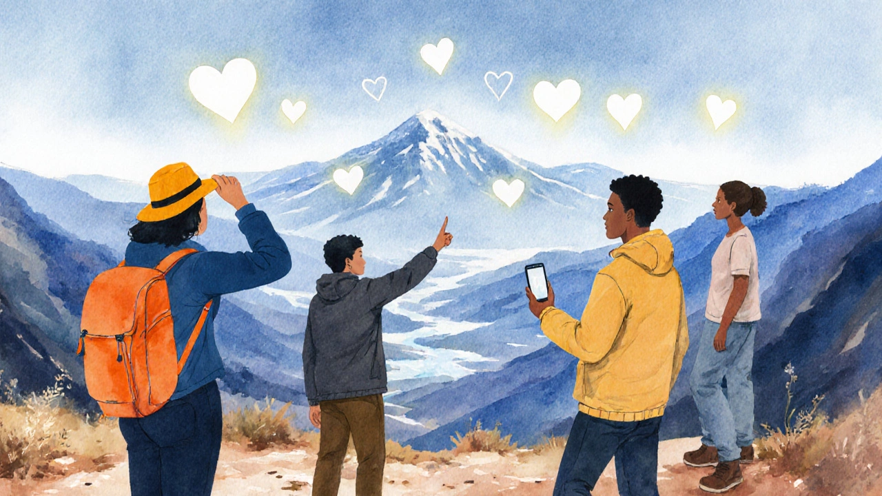 Colorful illustration of diverse hikers sharing a scenic vista with floating social‑media and health icons.