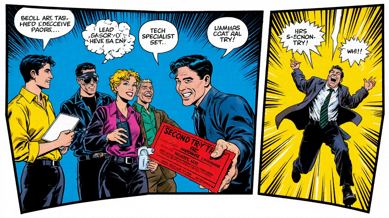 Comic‑book panels show the team assigning roles, receiving a voucher, and planning a second try.