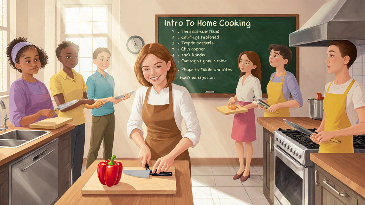 Community kitchen class where an instructor teaches beginners proper knife skills.