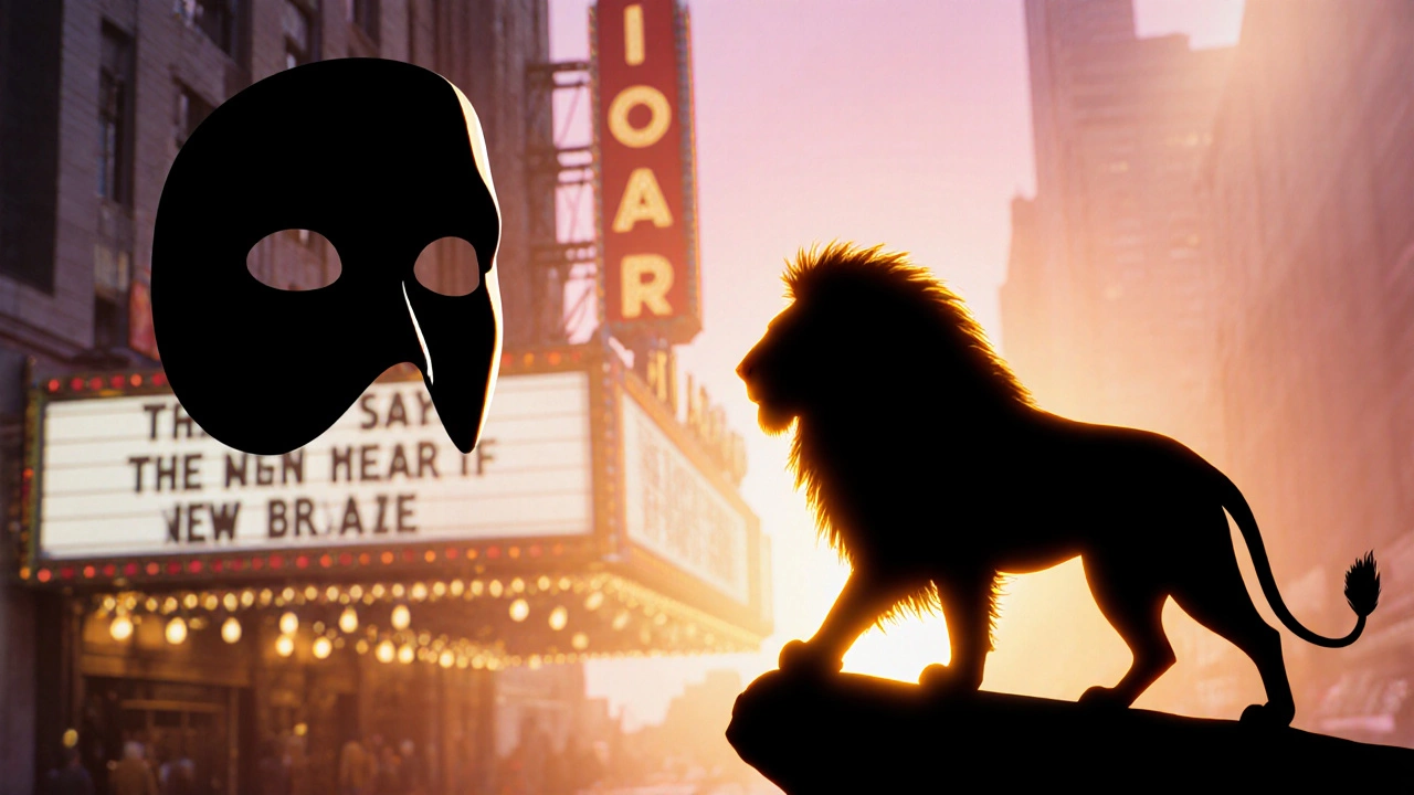 Digital art of Phantom mask dissolving into a golden lion silhouette on Broadway.