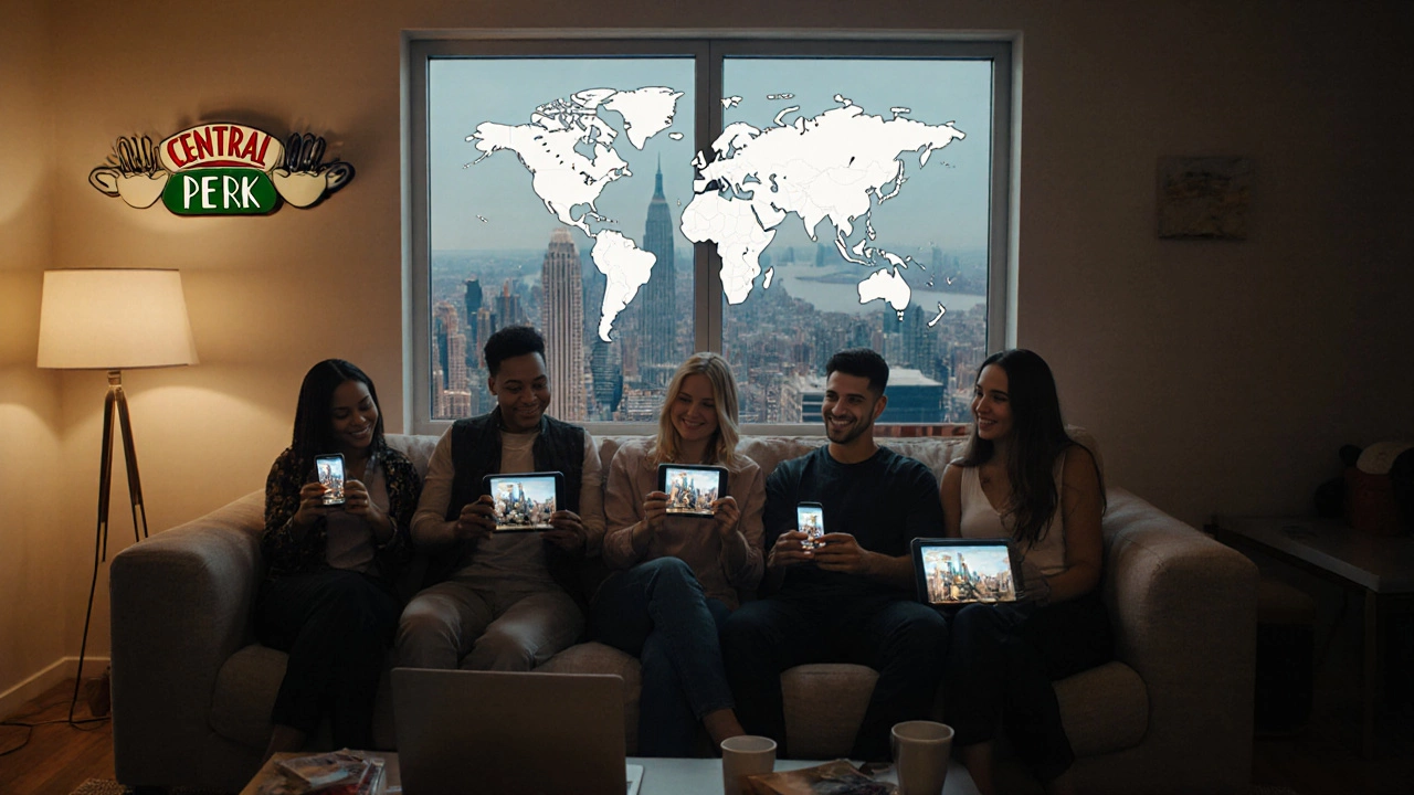 Diverse group watching Friends on devices in a cozy living room with NYC skyline and world map background.