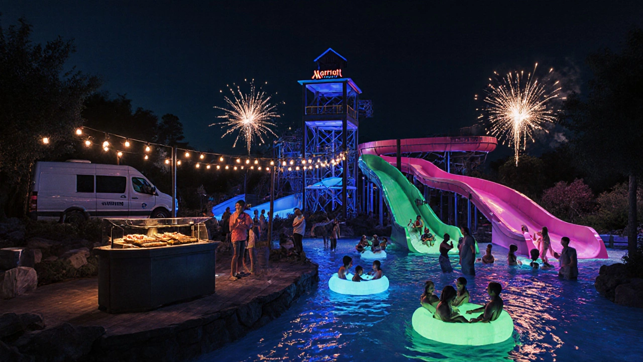 Families enjoying a night‑time glow event with neon‑lit rides and fireworks.