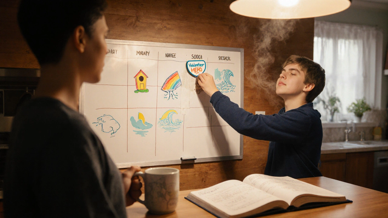 Family kitchen with teen displaying a volunteer badge and schedule on a whiteboard.