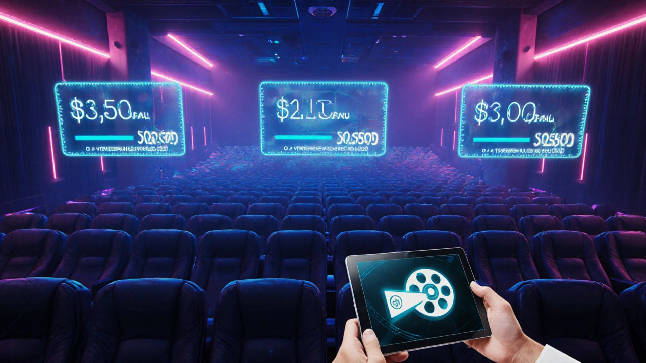 Futuristic cinema with holographic price sliders lowering on Tuesdays and streaming icons.