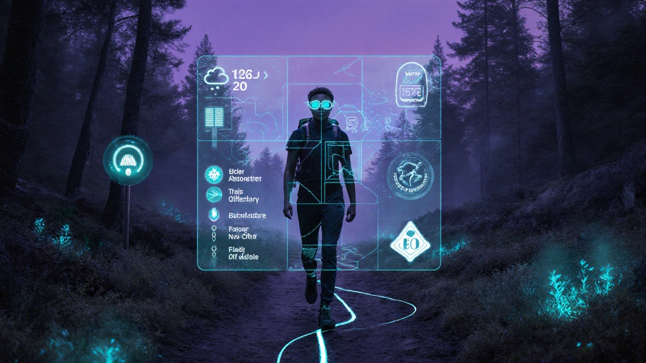 Futuristic scene of a hiker using AR glasses on an eco‑friendly trail with digital overlays and climate symbols.