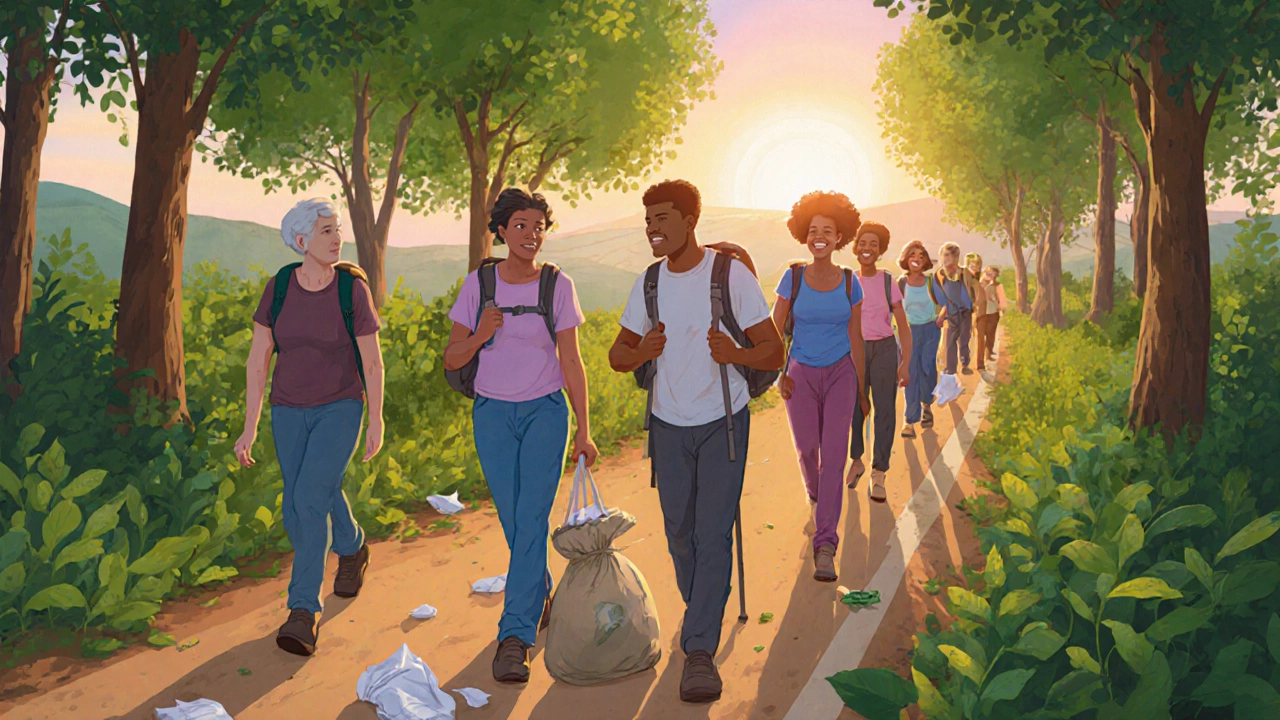 Group of hikers on a trail cleaning up litter and enjoying a verdant forest.