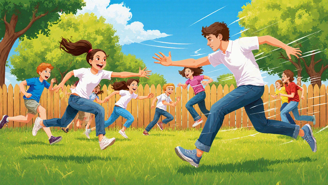 Group of players chasing each other in a sun‑lit backyard game of tag.
