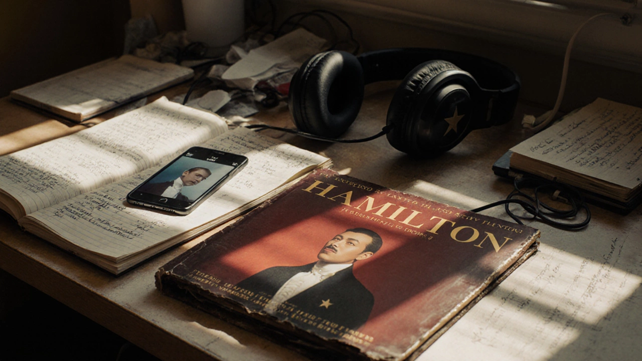 Hamilton cast album and notebook on dorm desk with phone showing Disney+ film.