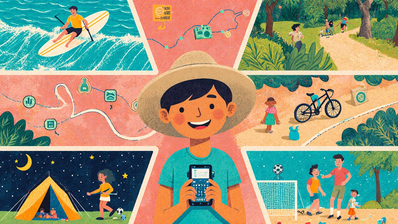 Illustrated collage of surf, robotics, hiking, bike ride, camping, animation, clean‑up, and soccer.