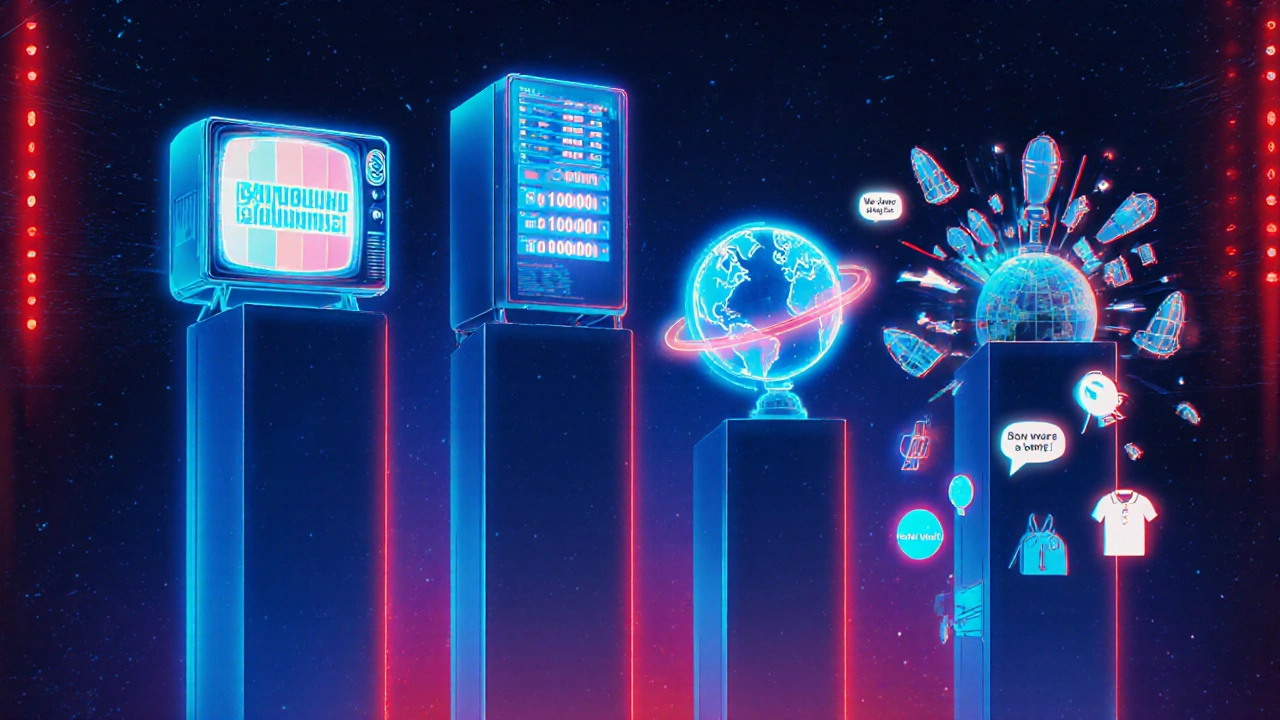 Illustration of four pillars showing Nielsen TV, streaming server, global syndication, and meme icons.