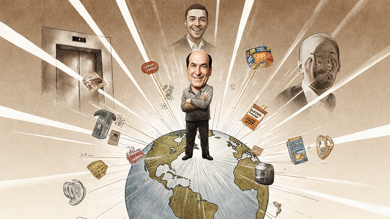 Jerry Seinfeld at the center of a globe made of comedy symbols, with laughter radiating globally.