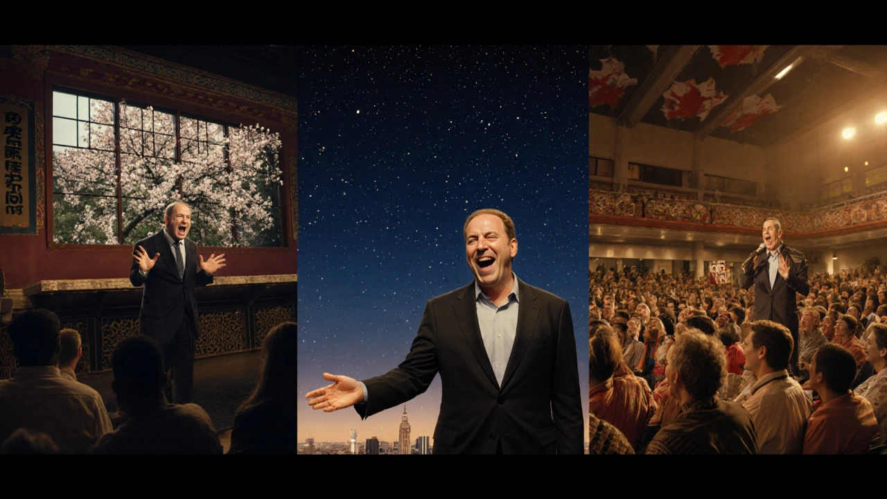 Jerry Seinfeld performing to diverse international audiences, all laughing at the same joke.