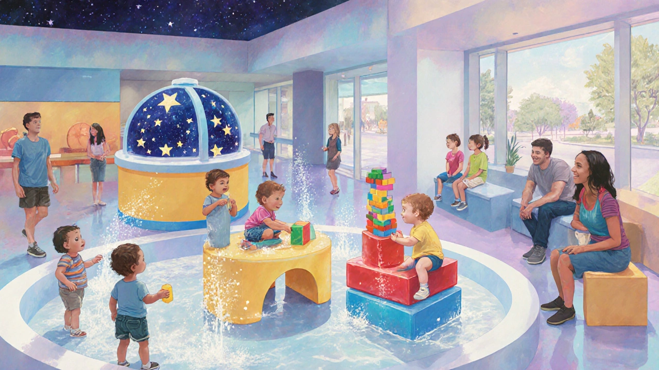 Kids playing with water tables and blocks inside the Science Museum Kids Zone.