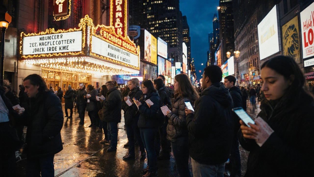 Long line of people outside Richard Rodgers Theatre at night, marquee glowing in Times Square.