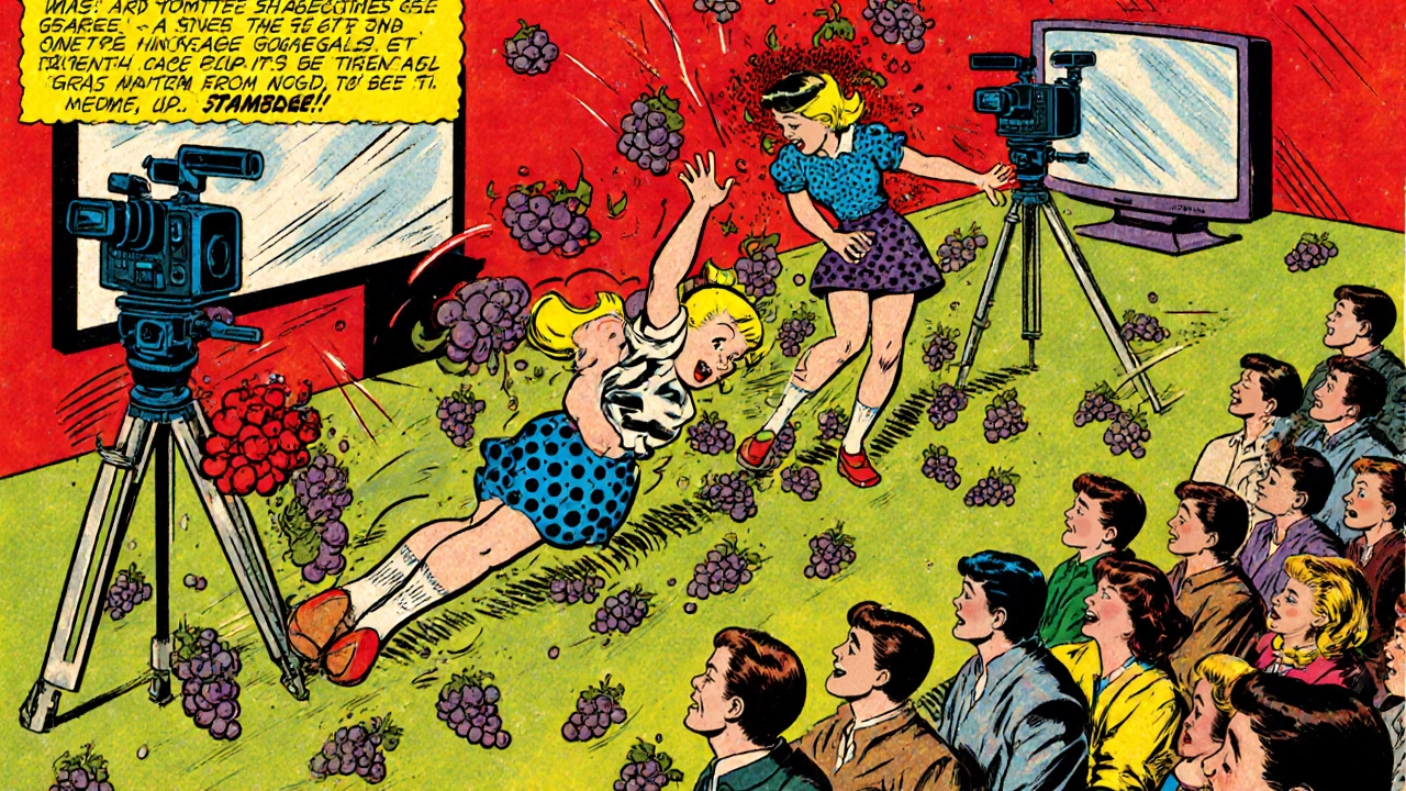 Lucy slipping on grapes while three cameras capture the chaos, with a laughing studio audience.
