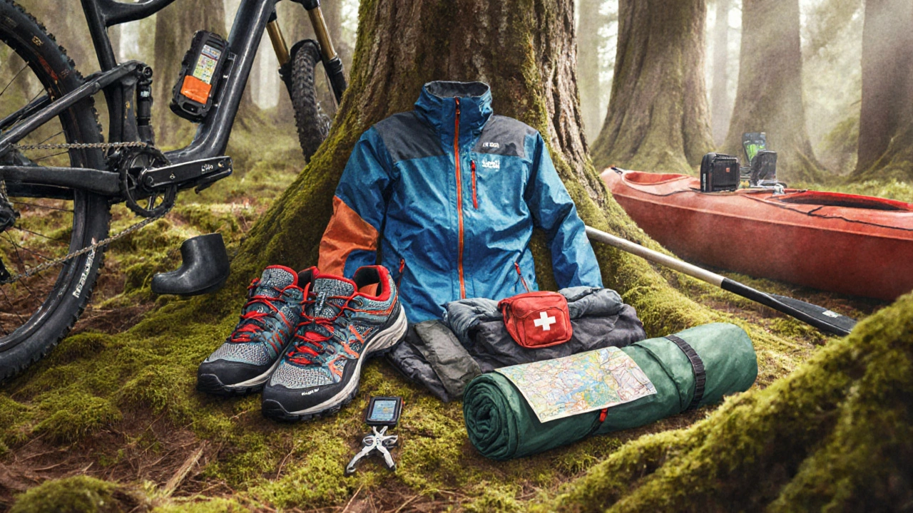 Outdoor gear spread on a forest floor, including trail shoes, layered clothing, map, and first‑aid kit.