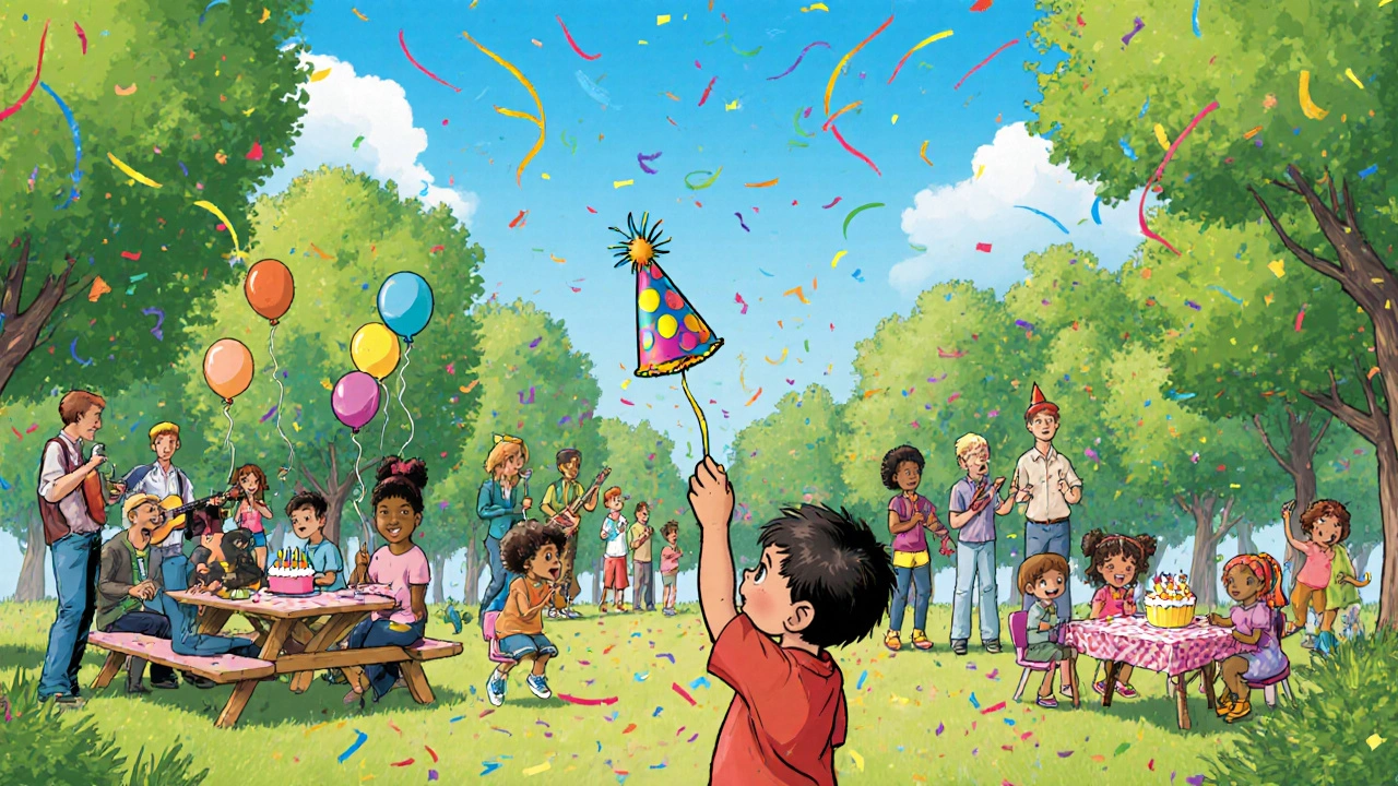 Park scene with one party hat in front and several celebrations happening behind.