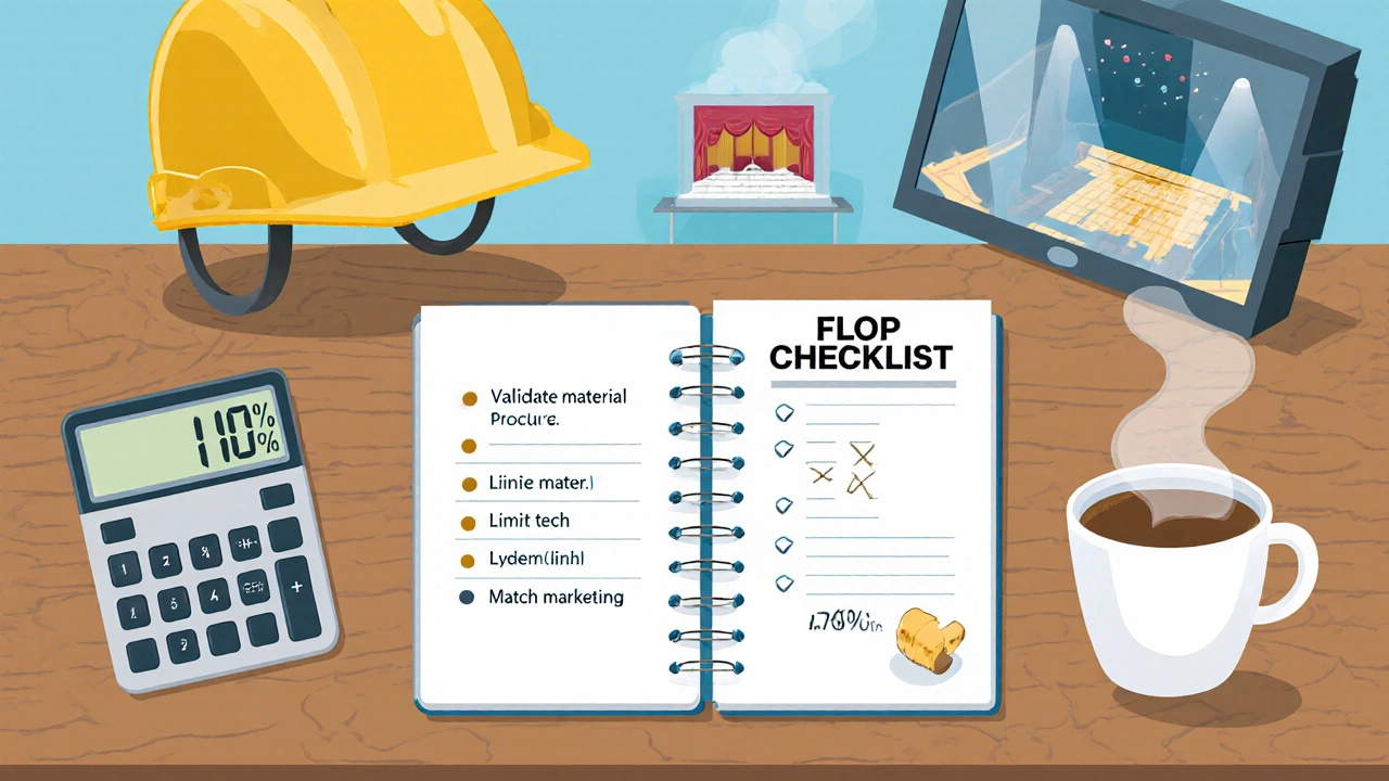 Producer's desk with checklist, calculator, and stage model illustrating lessons after a flop.