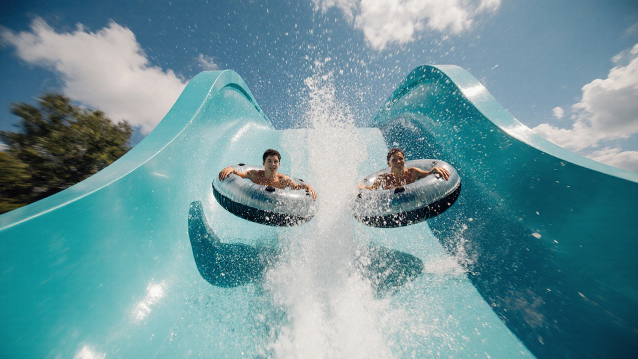 Riders speeding down the Goliath tube slide with water spray.