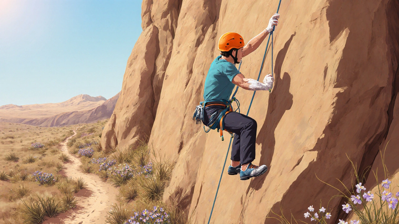 Rock climber on a dry cliff in spring, wearing orange helmet and harness.