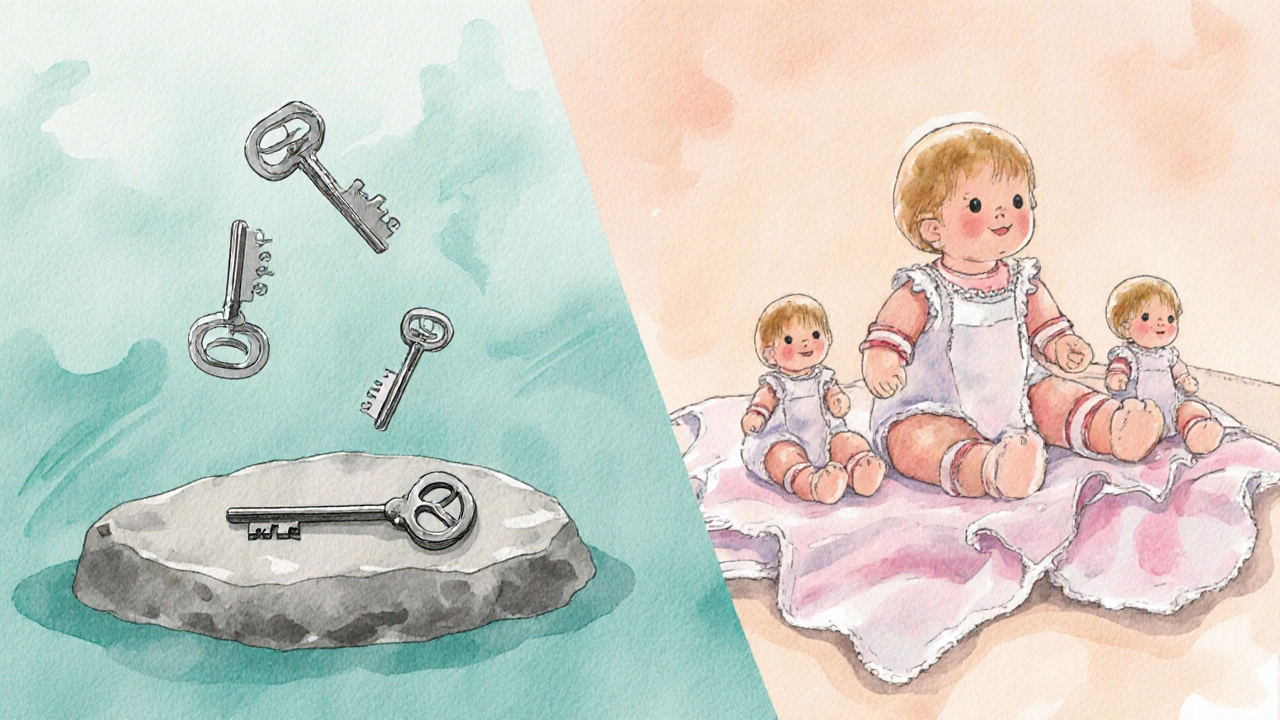 Side‑by‑side view: keys multiply simply, while baby dolls multiply with extra detail.