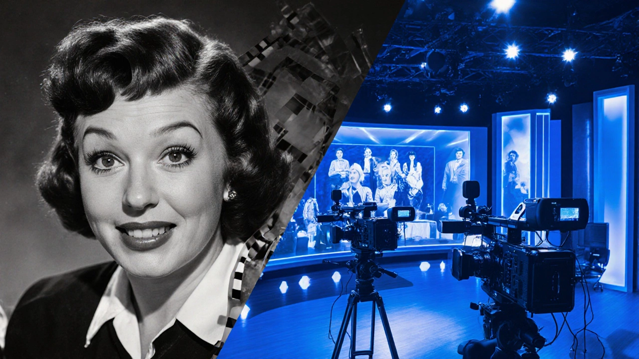 Split scene showing vintage film reel of I Love Lucy merging with a modern digital sitcom set.