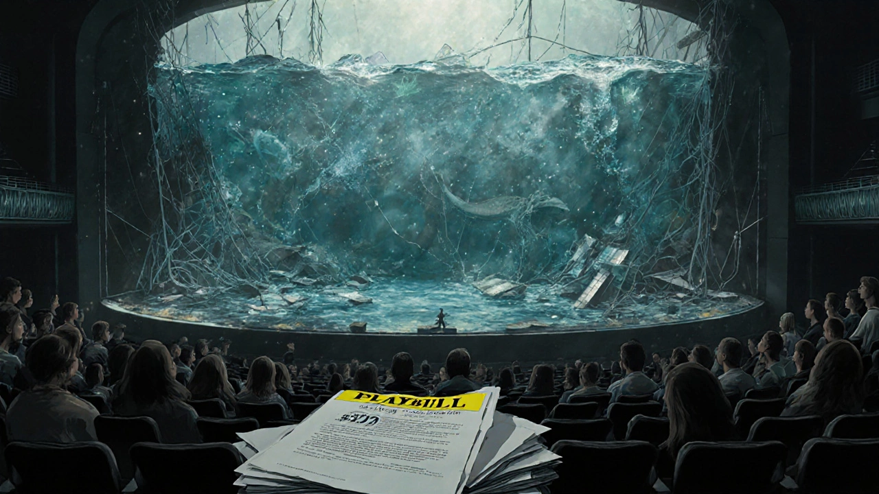 Stage of The Little Mermaid flop showing broken set, empty seats, and a  million contract.