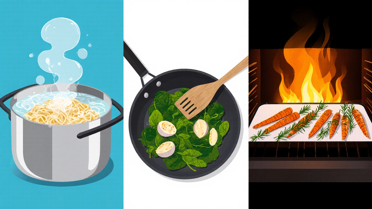 Three-panel illustration showing boiling pasta, sautéing garlic with spinach, and roasting carrots.