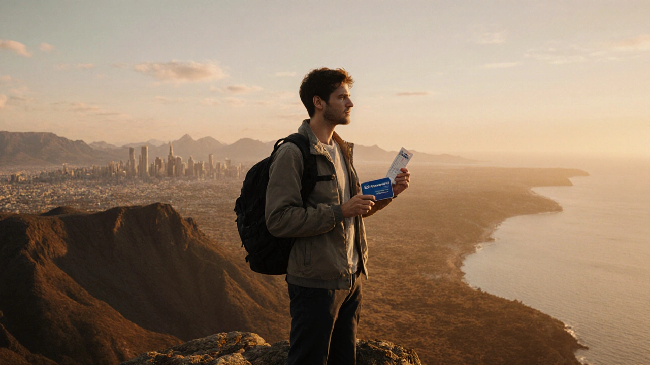 Traveler on sunset cliff holding travel documents, representing successful tour planning.