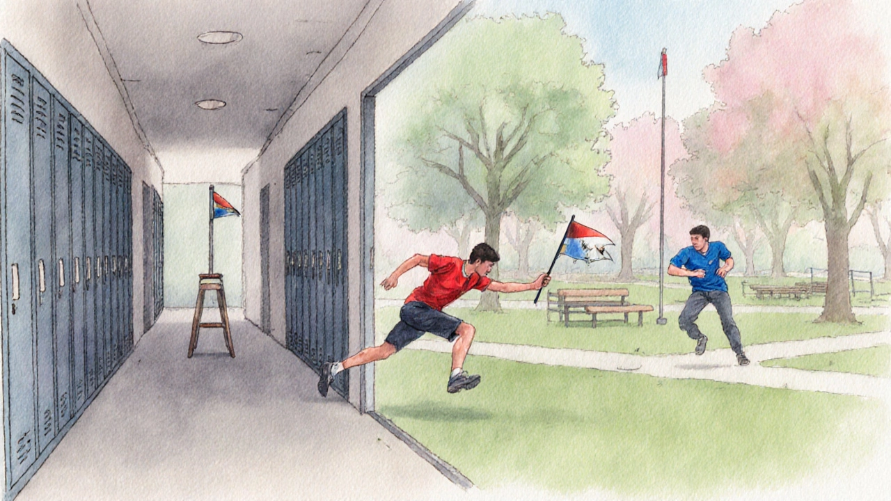 Two teams sprinting across a park to capture each other's flag, with a flag pole in the center.