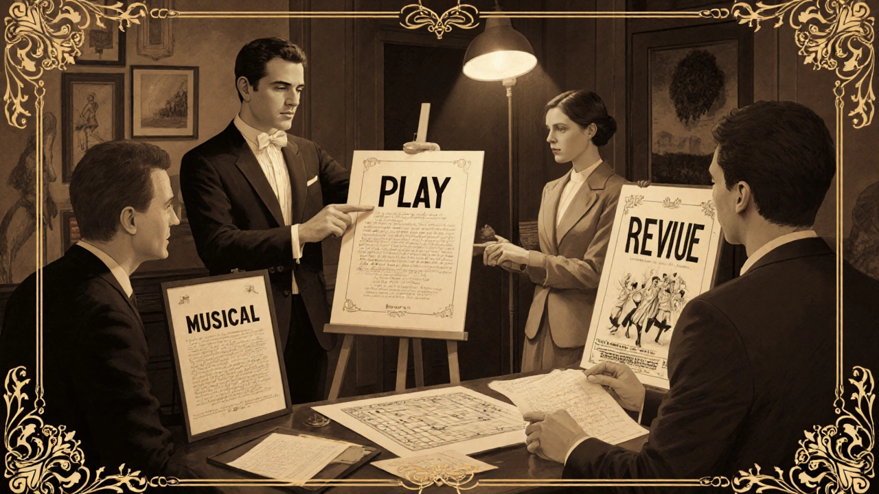Vintage‑style office scene of planners reviewing show posters.