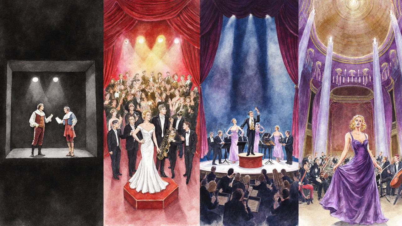 Watercolor collage showing a play, musical, revue, and opera.