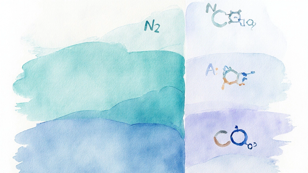 Watercolor cross‑section of the atmosphere showing layered gases in pastel colors.