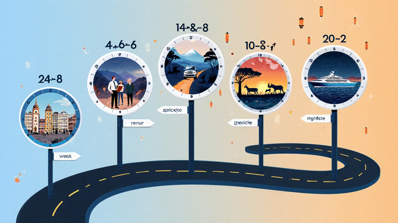 Winding timeline road with signposts and mini scenes of city, adventure, safari, private, and last‑minute tours.