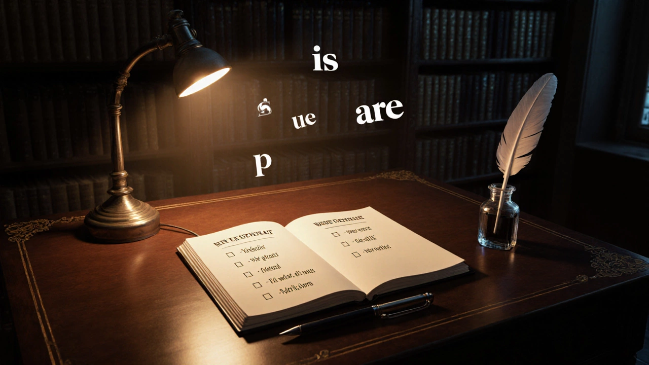 Writer&#039;s desk with checklist showing singular and plural verb forms.