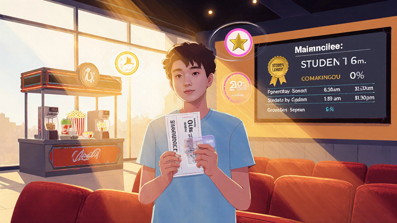 Young adult holding a movie ticket, student ID, and loyalty badge in a theater lobby.