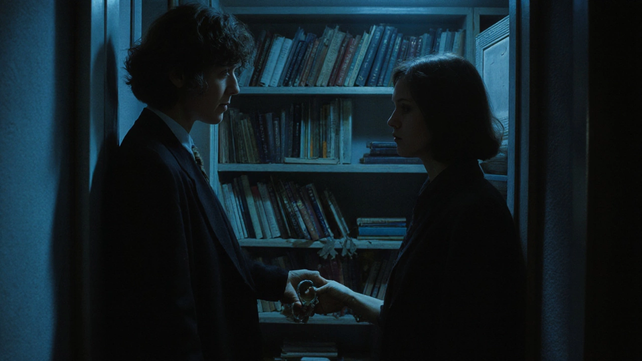 A duo exchanging a key in a bookshelf-lined corridor, one holding a flashlight, focused and silent.
