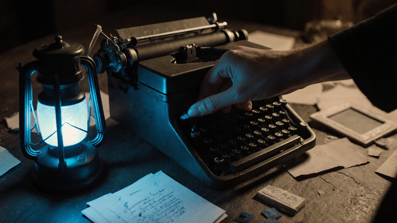 A hand reveals hidden ink on a lantern using a UV light near a cracked frame.