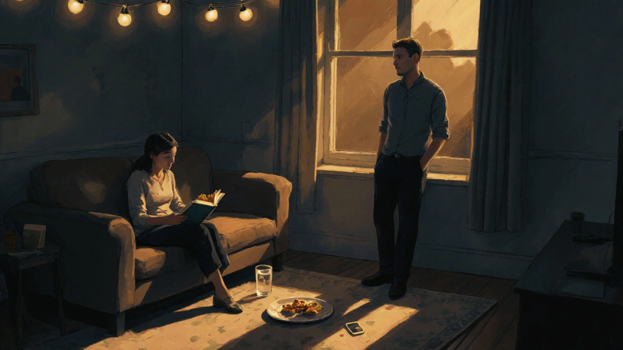 A quiet observer sits on a couch reading, watching the party from the edge of the room.