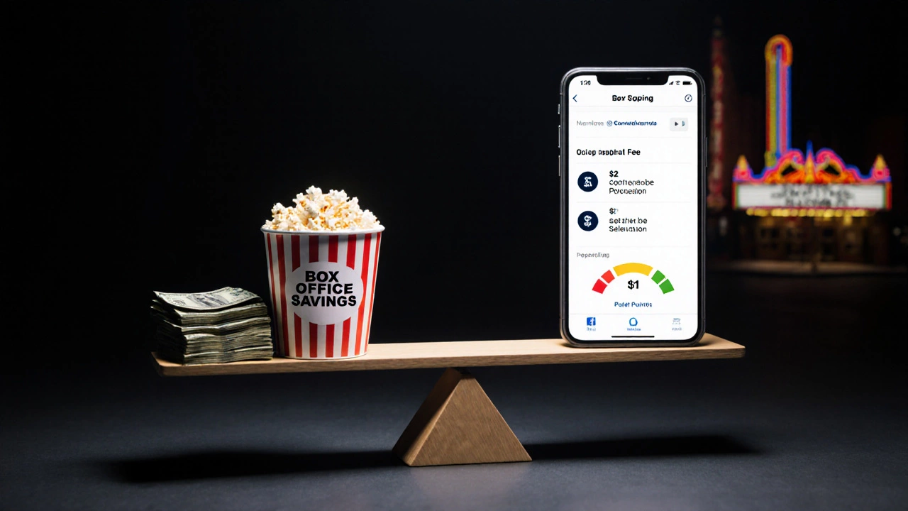 Balance scale comparing box office savings to online booking fees