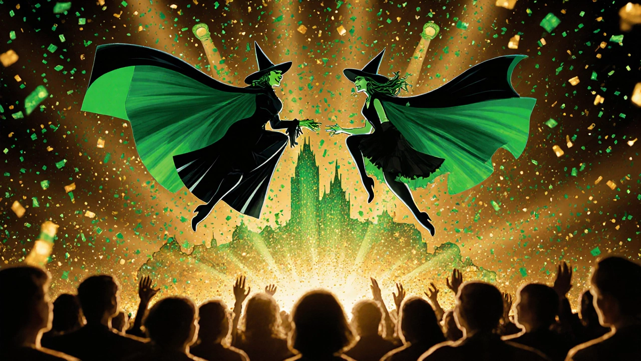 Elphaba and Glinda flying above Emerald City as glitter rains down in Wicked.