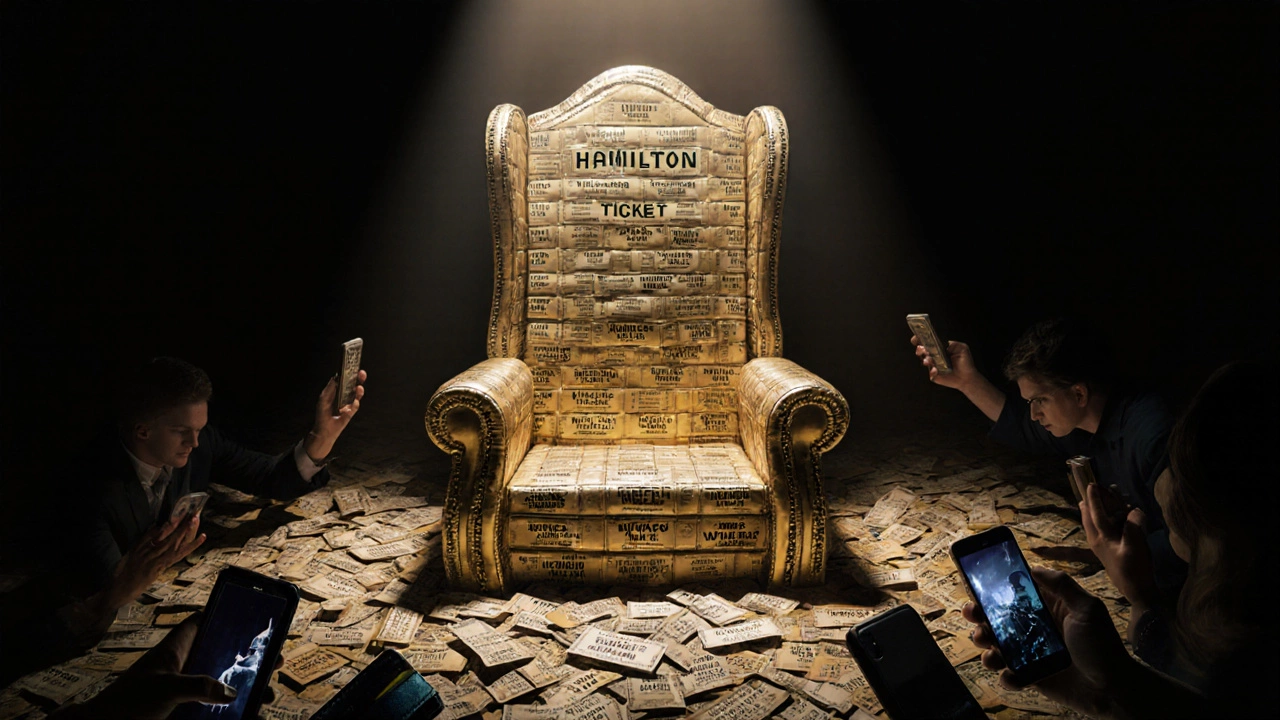 Golden throne made of Broadway ticket stubs, symbolizing Hamilton's top ticket prices.