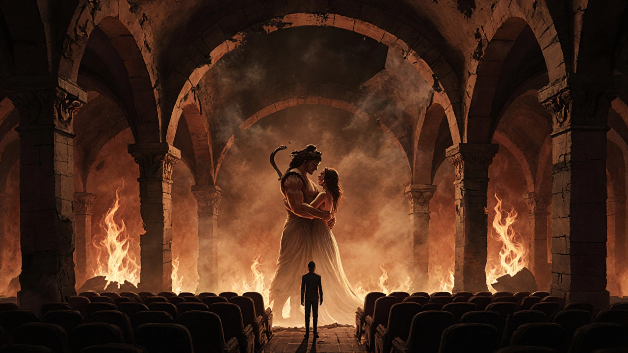 Hades and Persephone embrace in a dreamlike underground subway filled with glowing flames and ruins.