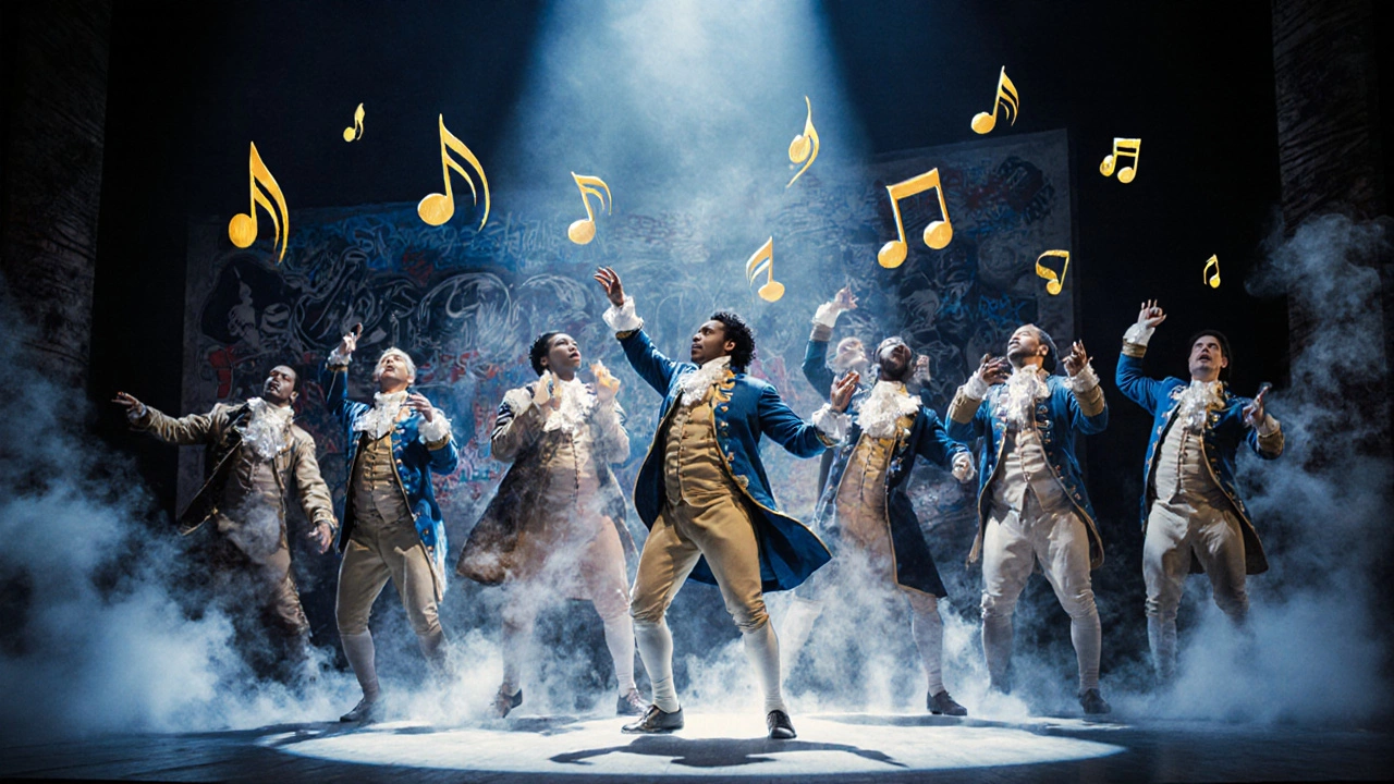 Hamilton cast performing on stage with musical notes shaped like quills and graffiti.