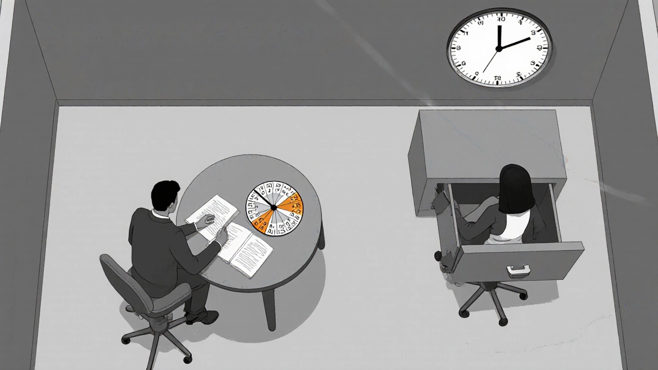 Overhead view of two people divided in an escape room, one at code wheels, the other at a locked drawer with 12 minutes left.