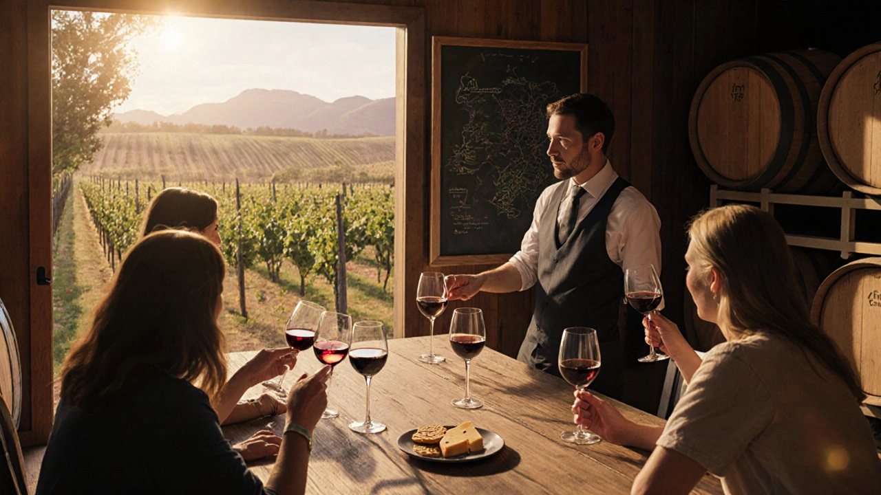 People tasting wine at a wooden table with cheese and a vineyard map in the background.